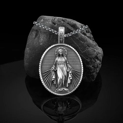 Vista 4 de Collar de la Virgen María para las mujeres y los hombres cristianos joyería oval cruz Medalla exquisito colgante 236in cadena de acero inoxidable
