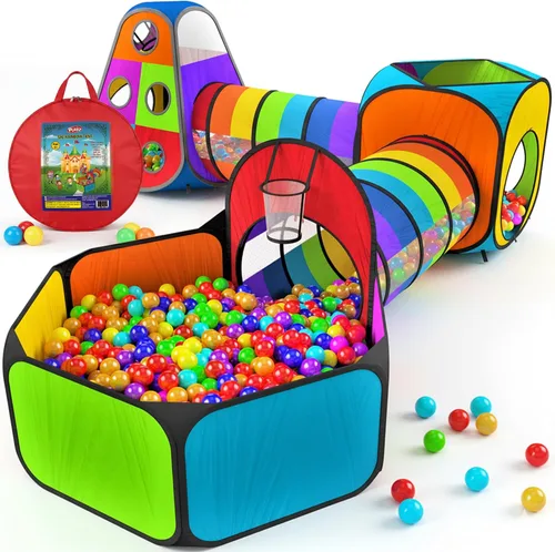 Vista 9 de Playz 5 piezas de tiendas de campaña infantiles y túneles - Piscina de pelotas para niños pequeños, canasta de baloncesto, tubos para gatear, casas