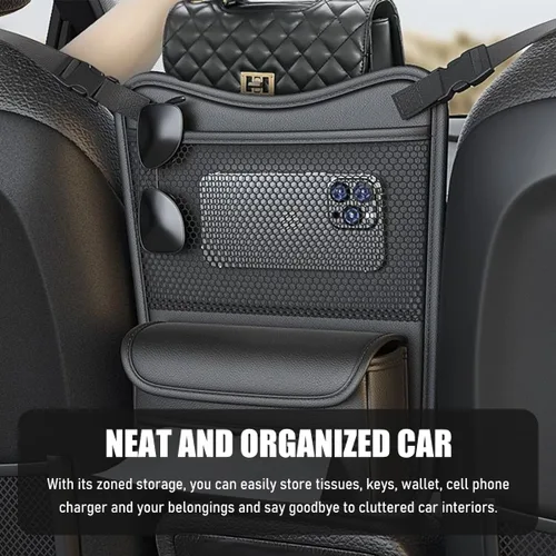 Vista 3 de Organizador de Coche para Almacenamiento Entre Asientos, Bolsa de Almacenamiento para Asiento Delantero de Cuero Nappa con Soporte para Pañuelos