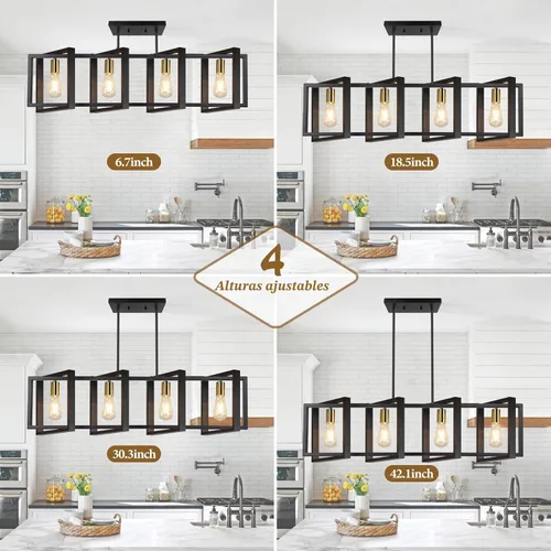 Vista 4 de Lámpara de comedor de 4 luces, lámpara de madera de granja de 53 pulgadas, iluminación de isla de cocina, sobre mesa, moderna lámpara colgante
