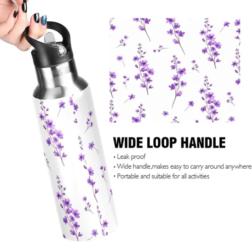Vista 4 de Purple Flowers Leaves Stainless Steel Water Bottle 20 Oz Leakproof Water Bottles, BPA-Free Sports Water Bottle with Straw