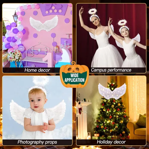 Vista 7 de Alas de ángel LED y halo, disfraz de ángel con luz para Halloween, halo, hada blanca, alas de cupido, disfraz de ángel para niñas, niños y mujeres