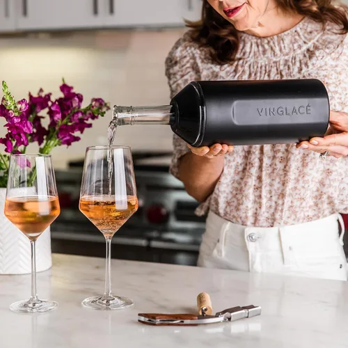 Vista 4 de Vinglacé Juego de regalo enfriador de botellas de vino, enfriador de vino portátil de acero inoxidable con 2 copas de vino sin tallo, color negro