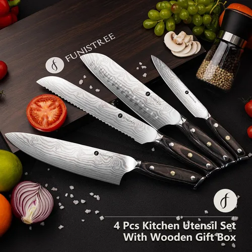 Vista 4 de Juego de 4 cuchillos de cocina profesional, juego de cuchillos de chef de acero inoxidable alemán de Damasco con caja de madera, cuchillo de chef