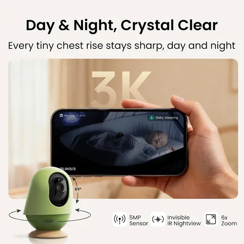 Vista 7 de Monai Baby Monitor with Camera and Audio, 3K UHD, 6X Zoom, WiFi Video Monitor for Room or Travel, Pan 350° Tilt 65°, AI Cry Detection, Virtual