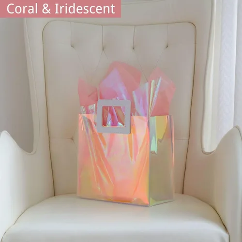 Vista 4 de VUOJUR 2 bolsas de regalo pequeñas reutilizables de 8.3 pulgadas con papel de seda - Coral e iridiscente