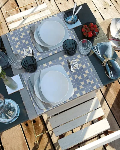 Vista 4 de Juego de 6 manteles individuales geométricos azules para mesa de comedor, manteles individuales de lino de algodón con bolsillo, tapete de arpillera