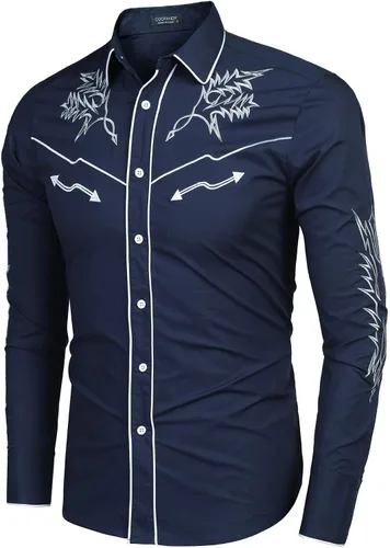 Vista 3 de COOFANDY Camisa vaquera occidental bordada de manga larga de algodón casual con botones para hombre