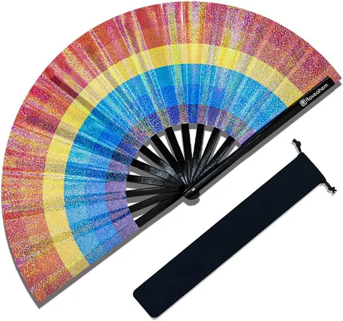 Vista 12 de Ventilador grande para rave, ventilador de mano plegable Clack con tela de primera calidad, marco de bambú grueso para hombres y mujeres, regalo