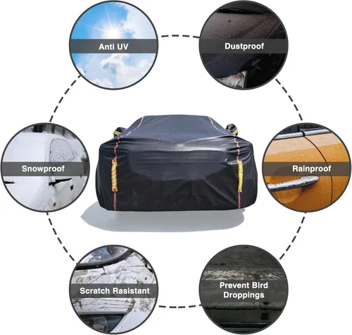 Vista 7 de Funda impermeable para automóvil para todo tipo de clima, 6 capas exteriores completas con cremallera de algodón, bolsillo de espejo. Funda
