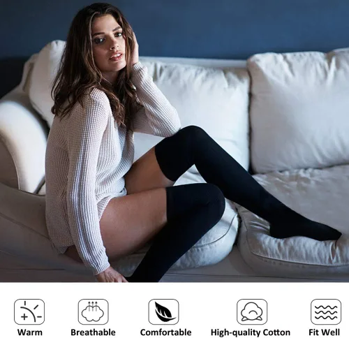 Vista 2 de MEIKAN - Calcetines altos, hasta arriba de la rodilla, para mujer, de algodón, modernos, para cosplay, 3 pares
