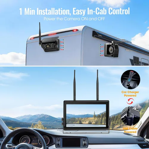 Vista 2 de Sistema de cámara de respaldo inalámbrico solar magnético, pantalla táctil IPS DVR de 10.1 pulgadas, 2 cámaras de visión trasera + 2 cámaras