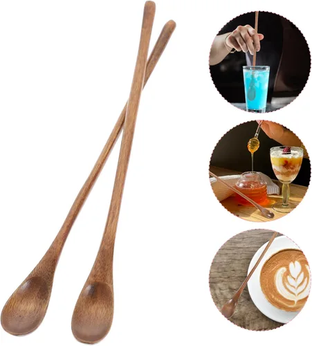 Vista 5 de Operitacx 4 cucharas de madera, cucharas de mezcla de madera de mango largo a granel, cucharas de té largas para cuchara de miel, mezcla, agitar