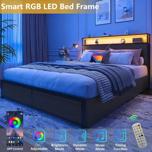 Vista 4 de Lifezone Base de cama Queen con cabecera de almacenamiento de 2 niveles, base de cama de plataforma de metal con 4 cajones de almacenamiento, gris