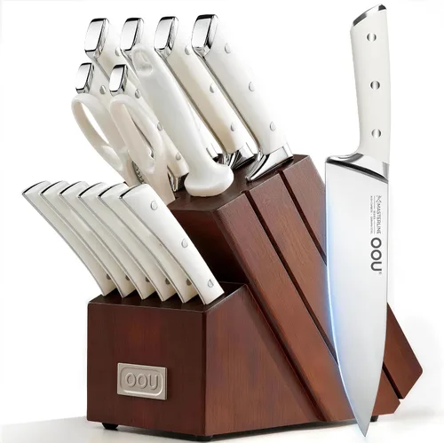 Vista 10 de OOU Juego de cuchillos de cocina 2025 con bloque, juego de cuchillos de acero inoxidable alemán de 15 piezas con varilla de afilar, mango de madera