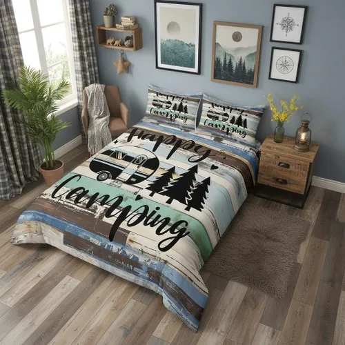 Vista 15 de Castle Fairy Juego de ropa de cama Happy Camping para niños, funda de edredón estilo granja occidental con cierre de cremallera, juego de ropa