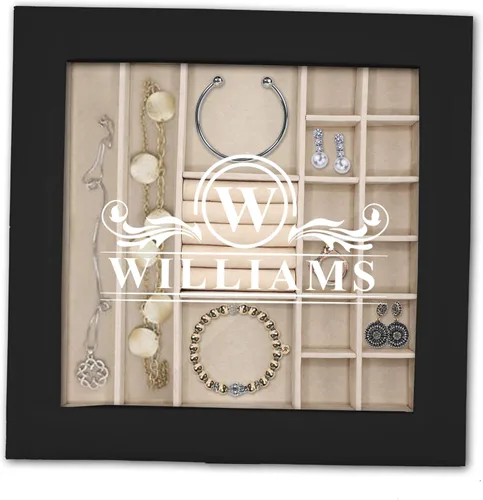 Vista 5 de Joyero personalizado con bandeja extraíble, organizador, cerradura, llave y parte superior de cristal, monograma y grabado personalizado