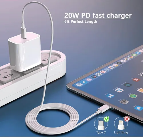 Vista 4 de Cargador para iPad de carga rápida, cable USB-C de 6 pies y bloque de cargador USB C de 20 W, paquete de 1 para Apple iPad A16 11th 10th, Pro 13