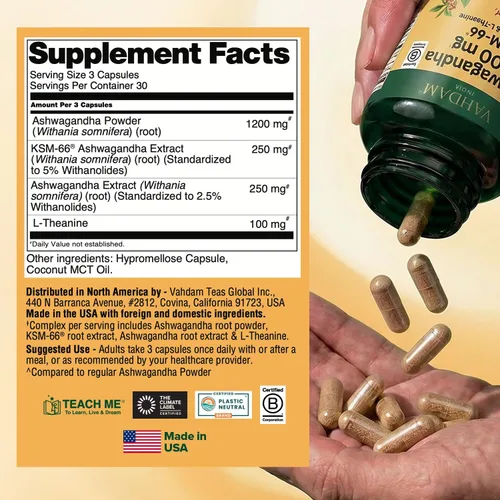 Vista 3 de VAHDAM Suplemento de Ashwagandha 1800 mg con extracto de raíz de Ashwagandha y L-Teanina Apoyo para el alivio del estrés, el estado de ánimo