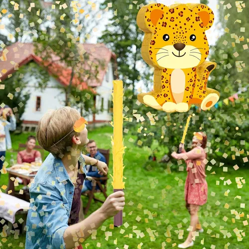 Vista 6 de Aoriher Piñata de guepardo, suministros de fiesta de leopardo con vendas y murciélagos, suministros de cumpleaños con estampado de leopardo
