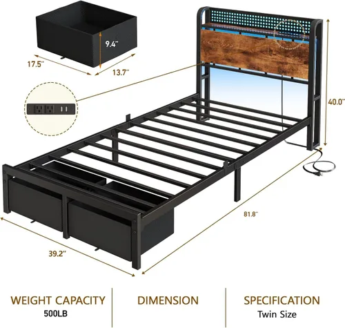 Vista 2 de Furnulem Base de cama individual con 2 cajones de almacenamiento y estación de carga, base de cama de plataforma individual con cabecero y luces
