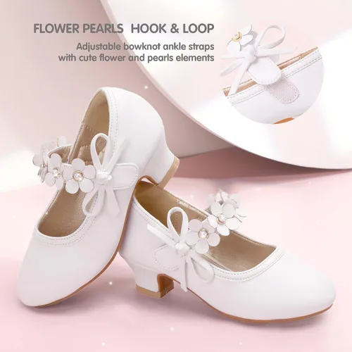 Vista 3 de PANDANINJIA Zapatos de vestir para niñas, zapatos de tacón Mary Jane, zapatos de tacón de flores para fiesta de boda de regreso a clases, zapatos