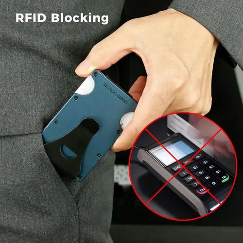 Vista 6 de MONOCARBON Cartera delgada minimalista con bolsillo frontal con bloqueo RFID, clip de dinero para tarjetas de crédito, acero manganeso, Azul