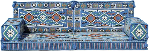 Vista 17 de arabicsofa Sofá Tradicional Árabe para Piso – Juego de Cojines Modulares para Sala de Estar Azul