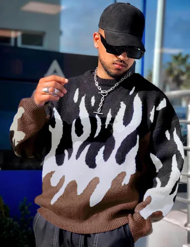 Vista 89 de ZAFUL Y2K - Suéter casual con estampado de llama estética para hombre, suéter de punto holgado, manga larga, cuello redondo