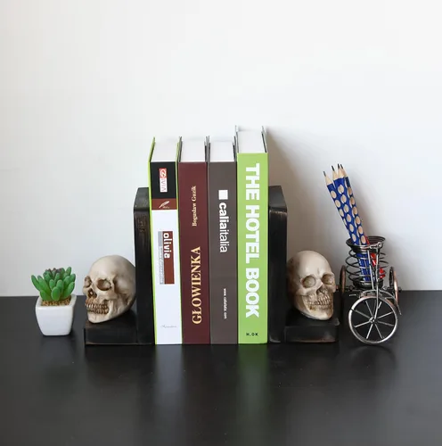 Vista 4 de OwlGift Sujetalibros decorativos de calavera de Halloween, sujetalibros resistentes para estantes, extremos de libro de calavera para libros