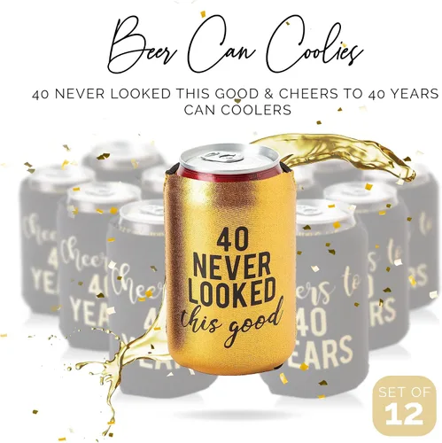 Vista 2 de Saludos a los 40 años – Juego de 12 enfriadores de latas dorados con el texto "40 Never Looked So Good", color negro y dorado para fiestas