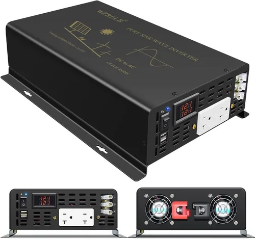 Vista 3 de WZRELB Inversor de corriente de onda sinusoidal pura de 2500 W, 12 VCC a 120 VCA, 60 Hz, salidas de CA duales, 2 puertos USB de 2.4 A y terminal