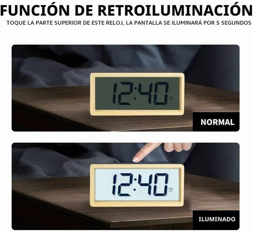 Vista 5 de Everwood - Relojes de alarma digitales grandes de madera para dormitorios con pantalla LCD de números grandes, función de repetición, funciona