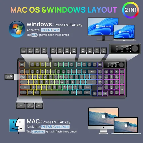 Vista 5 de KOLMAX BT98 - Combo de teclado y mouse inalámbricos, triple modo de 2.4 Gcon cableBluetooth, teclado y mouse para juegos, ergonómico recargable