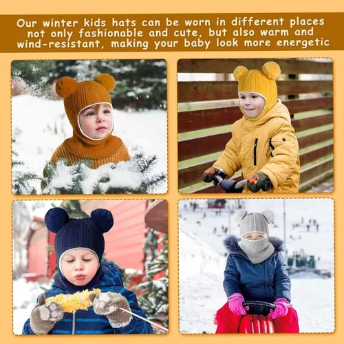 Vista 7 de Conjunto de 2 gorros de invierno para bebé, gorro para niño con calentador de cuello, gorro de punto cálido para clima frío Negro y gris