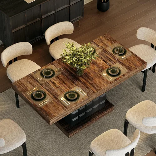 Vista 10 de LITTLE TREE Mesa de comedor moderna de 63 pulgadas, mesa rectangular para 4-6, mesa de cocina de granja, base de pedestal de madera resistente