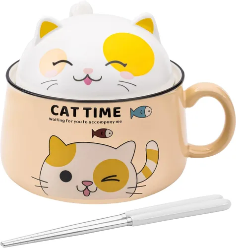 Vista 7 de Juego de cuencos para ramen con palillos, lindos cuencos de fideos instantáneos para ramen con diseño de gato lindo con tapa, cuencos de cerámica