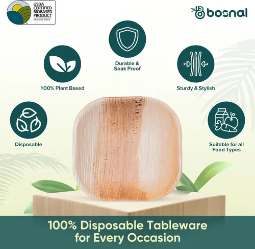 Vista 4 de BOSNAL - Platos biodegradables de hoja de palma, 4 pulgadas, cuadrados, 25 piezas, compostables, estilo de bambú y madera, apilables, grado