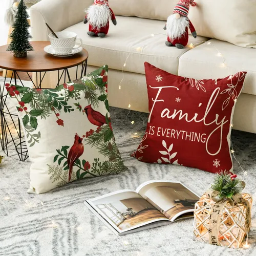 Vista 4 de AVOIN colorlife Fundas de Cojines Decorativos Navideños Cardinal Home Sweet Home Poinsettia Bayas de Acebo, 16 x 16 Pulgadas Family is Everything