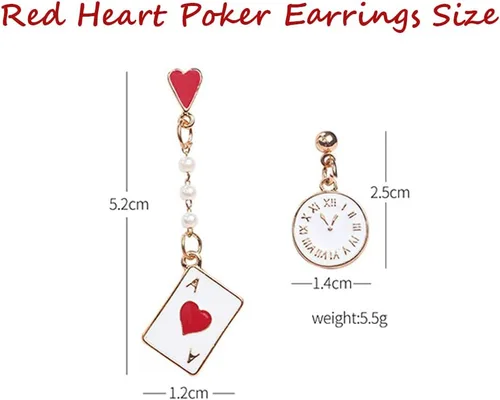 Vista 5 de Pendientes de reina de corazón rojo con corazón para mujeres y niñas, aretes colgantes de póquer asimétricos de reloj largo para póquer y accesorios