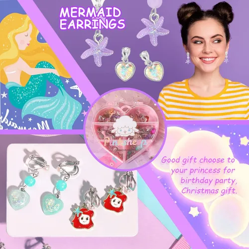 Vista 5 de PinkSheep Clip On Earrings for Little Girls Kids Jewelry 12 Pairs Gift for 4567910 Years Old Mermaid Flower Earring