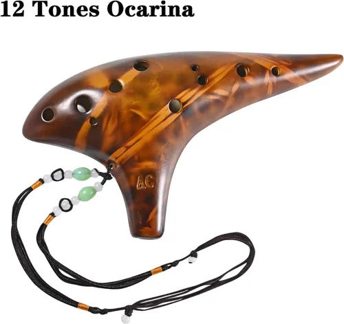 Vista 3 de Ocarina, 12 agujeros, Do Alto, ocarinas de cerámica con libro de canciones, bolsa con correa para el cuello, instrumento musical para adultos