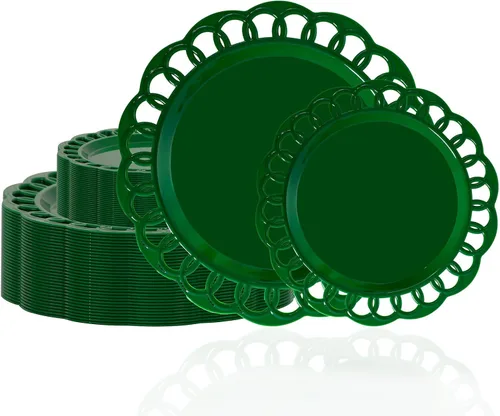Vista 12 de COLOSUS Juego de 60 platos de plástico negro, platos barrocos elegantes, elegantes platos desechables con borde de encaje, platos de plástico