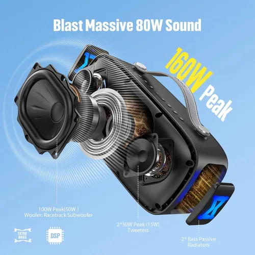 Vista 2 de DOSS Extreme Boom Pro D300 Altavoz Bluetooth, sonido estéreo inmersivo de 80 W, ecualizador profesional de 3 modos, tiempo de reproducción de 20
