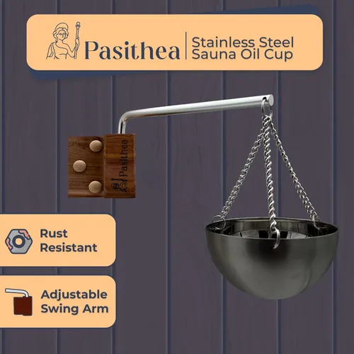 Vista 2 de Pasithea Vaso de aceite de sauna de acero inoxidable, paquete de 1 taza de aceite esencial de cedro rojo canadiense, soporte de pared con brazo