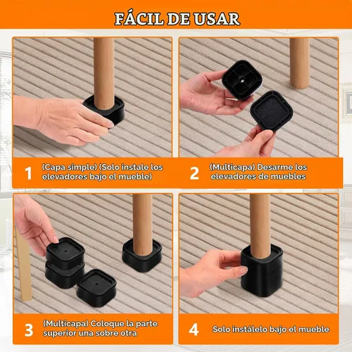 Vista 7 de shouwuhho Paquete de 12 Elevadores de Muebles Ajustables Elevadores de Cama de Servicio Pesado Elevan Altura 1", Elevadores de Cama Cuadrados