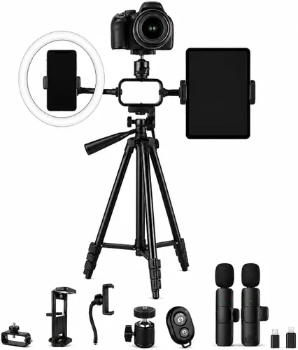 Vista 7 de Acuvar Kit de vlogging premium de 9 piezas para iPhone, Android y cámaras, micrófono, soporte de trípode y luz LED, paquete de YouTube, TikTok