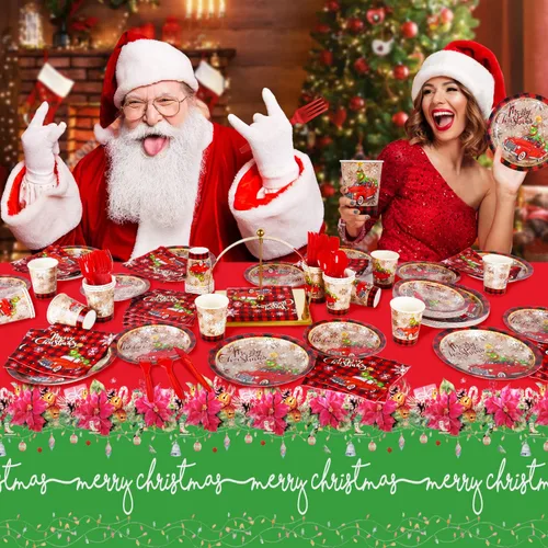 Vista 6 de Suministros de fiesta de Navidad, platos de papel desechables, servilletas, vasos, cuchillos, cucharas, tenedores, mantel para decoraciones
