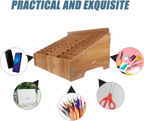 Vista 6 de Ciieeo Organizador de escritorio de madera, caja de almacenamiento para teléfono, 30 rejillas, compartimento para el aula, organizador de escritorio