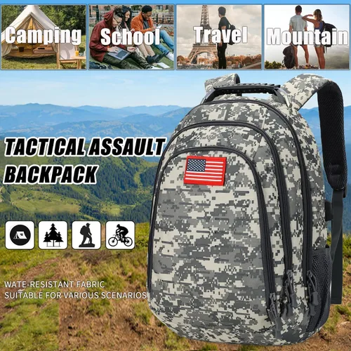 Vista 6 de Mochila de camuflaje, pequeña mochila táctica para exteriores, mochilas militares para niños adolescentes para la escuela con puerto de carga USB